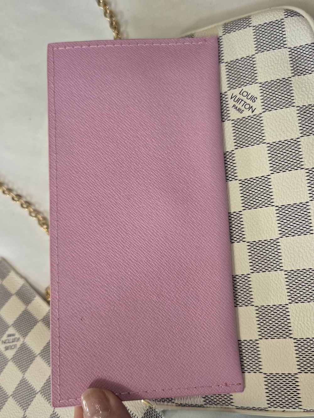 Adorable Damier Azur Pink-Trim Chain Pochette with Gold Chain - Picture 8 of 11
